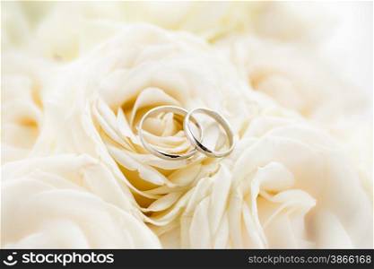 Macro shot of two platinum wedding rings lying on white roses