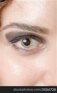 Macro shot of woman&acute;s eye with long eyelashes. Sexy looking eye look