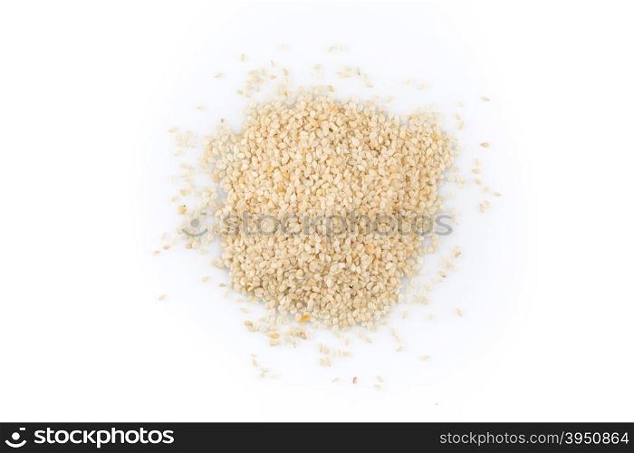 Macro view of sesame seeds isolated on white background