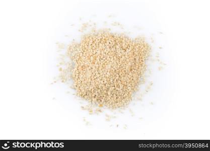 Macro view of sesame seeds isolated on white background