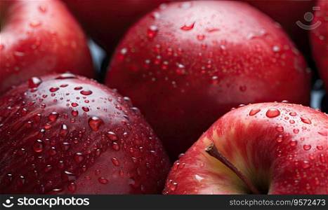 Macro view of vibrant red apples, adorned with dewy droplets, highlighting their freshness and texture against a neutral backdrop. Symbol of health and vitality. Created with generative AI tools. Macro view of vibrant red apples. Created by AI tools