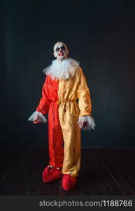 Mad bloody clown with makeup in carnival costume, crazy maniac, scary monster