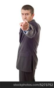 mad business man pointing, isolated on white