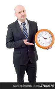 mad businessman with clock isolated over a white background