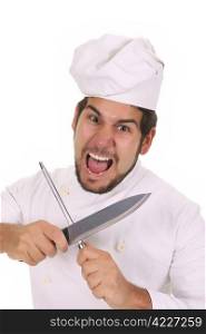 Mad chef sharpening a knife with sharpener