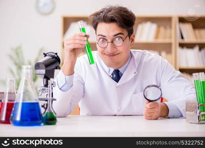 Mad crazy scientist doctor doing experiments in a laboratory