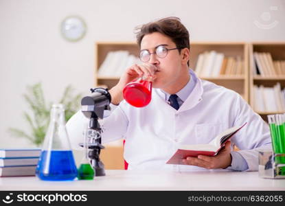 Mad crazy scientist doctor doing experiments in a laboratory