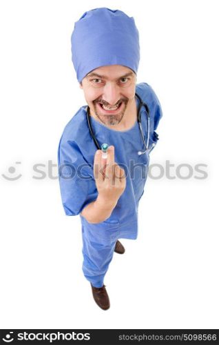 mad doctor with a syringe, full length, isolated on white background
