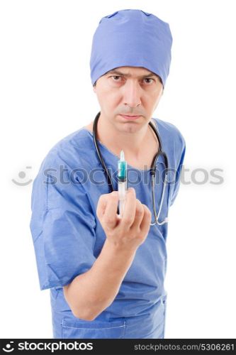 mad doctor with a syringe isolated over white background