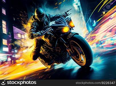 Mad rider on a motorcycle rides illustration. AI generative.