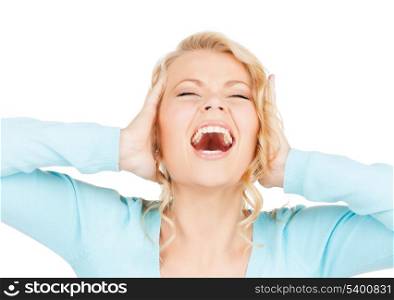mad woman screaming holding her head with hands