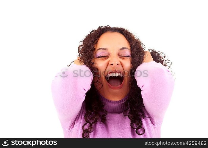 Mad woman screaming, isolated over white background
