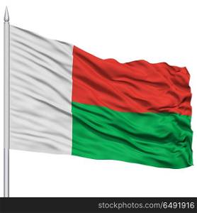 Madagascar Flag on Flagpole , Flying in the Wind, Isolated on White Background