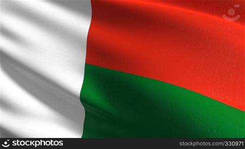 Madagascar national flag blowing in the wind isolated. Official patriotic abstract design. 3D rendering illustration of waving sign symbol.