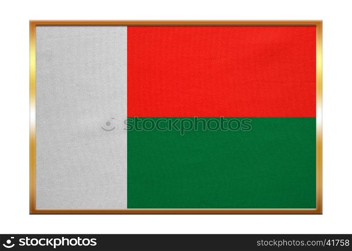 Madagascar national official flag. African patriotic symbol, banner, element, background. Correct colors. Flag of Madagascar , golden frame, fabric texture, illustration. Accurate size, color