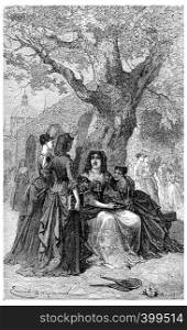 Madame de Maintenon and students of Saint-Cyr, vintage engraved illustration.