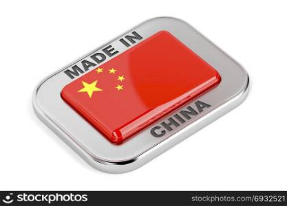 Made in China, silver badge on white background