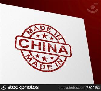 Made in China stamp shows Chinese products produced or fabricated in the PRC. Quality patriotic exports for international trade - 3d illustration. Made In China Stamp Shows Chinese Product Or Produce