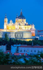 Madrid, Almudena Cathedral and palace at dusk spain