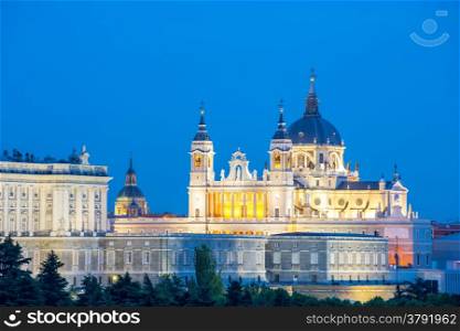Madrid, Almudena Cathedral and palace at dusk spain