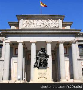 Madrid Museo del Prado with Velazquez statue main door in Castellana