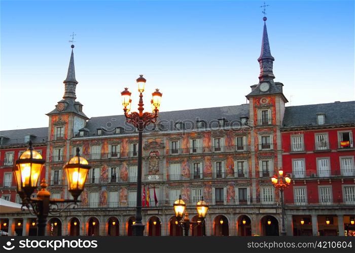 Madrid Plaza Mayor night lights typical square in Spain