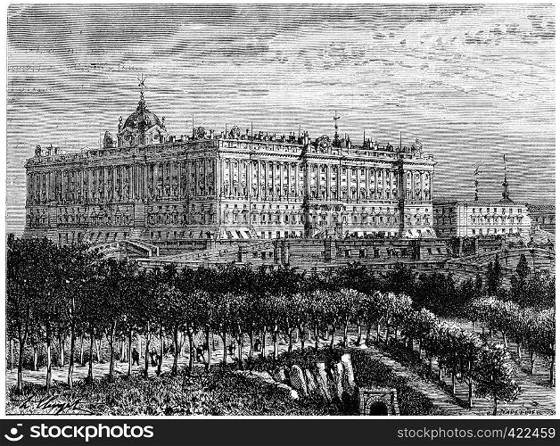 Madrid, Royal Palace, vintage engraved illustration. History of France ? 1885.