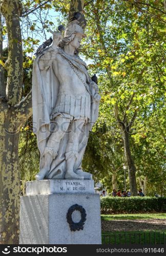 Madrid-September, 13,2017: statue of Vvamba (Vambo, Wambe) - the king of the Visigoths Visigothic kingdom German 643-687 on square Oriente in Madrid-on September 13, 2017 in Madrid, Spain