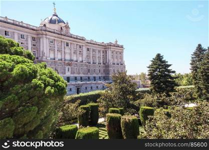 Madrid-September, 13: The Royal palace from Sabatini Gardens in Madrid-on September 13, 2017 in Madrid, Spain