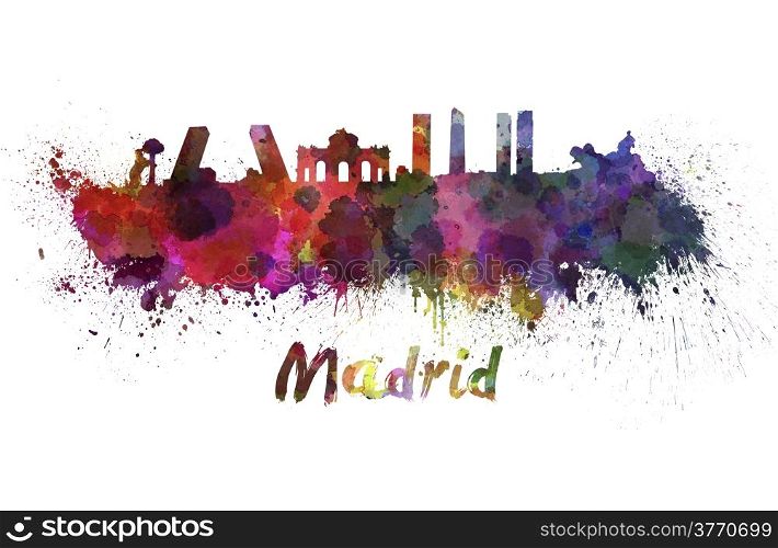 Madrid skyline in watercolor splatters with clipping path. Madrid skyline in watercolor