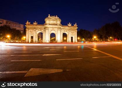 Madrid, Spain. Madrid Puerta de Alcala gate at night in the center of Madrid