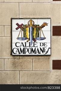 Madrid,Spain-September 13, 2017: Street Sign Calle de Campomanes on a hause wall in Madrid, Spain