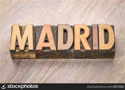 Madrid word abstract in vintage letterpress wood type