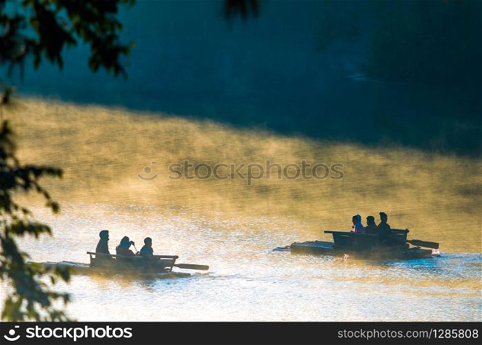 MAEHONGSORN THAILAND - JAN24,2017 : tourist bamboo rafting in pang ung reservoir lake ,pang ung most popular winter traveling destination in northern of thailand
