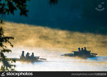 MAEHONGSORN THAILAND - JAN24,2017 : tourist bamboo rafting in pang ung reservoir lake ,pang ung most popular winter traveling destination in northern of thailand