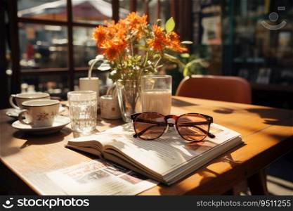 Magazines on table with eyeglasses.