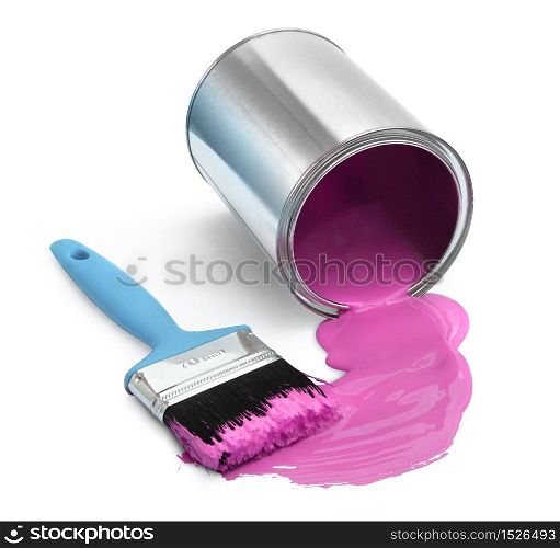 Magenta red paint tin can fallen with blue brush on white background isolated