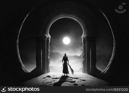 Magic ancient gate of the dark ruins. Black and white background with mystic lightened door. Generated AI. Magic ancient gate of the dark ruins. Black and white background with mystic lightened door. Generated AI.