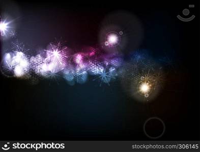 Magic bokeh light Christmas graphic design. Dark glowing effect New Year snowflakes background. Dark glowing effect New Year snowflakes background
