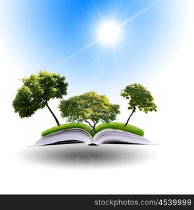 magic book with the lines and lights with green tree