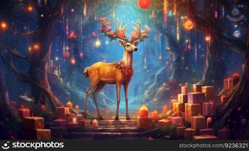 Magic Christmas forest with deer. Illustration Generative AI
