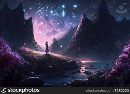Magic fairy tale night fantasy landscape with girl silhouette. Neural network AI generated art. Magic fairy tale night fantasy landscape with girl silhouette. Neural network AI generated