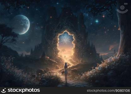 Magic fairy tale night fantasy landscape with girl silhouette. Neural network AI generated art. Magic fairy tale night fantasy landscape with girl silhouette. Neural network AI generated
