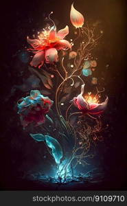 Magic flowers on dark background. Generative AI. High quality illustration. Magic flowers on dark background. Generative AI