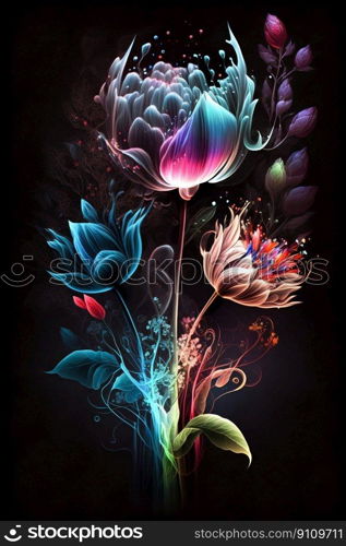 Magic flowers on dark background. Generative AI. High quality illustration. Magic flowers on dark background. Generative AI