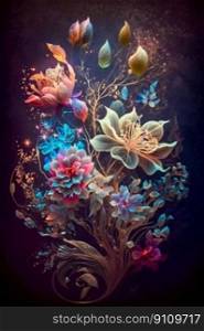 Magic flowers on dark background. Generative AI. High quality illustration. Magic flowers on dark background. Generative AI