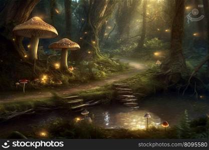 Magic forest mushrooms. Tale garden. Generate Ai. Magic forest mushrooms. Generate Ai