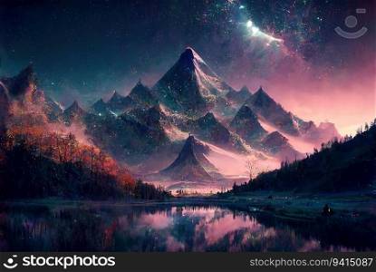 Magic mountains in the valley near the lake, glowing particles in the sky. Fantasy art. Generative AI technology. Magic mountains in the valley near the lake, glowing particles in the sky. Fantasy art. AI generated