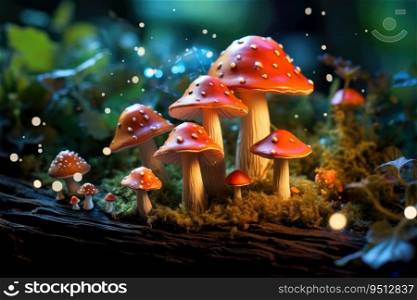 Magic mushrooms in the forest. A fabulous country with fly agarics. Magic mushrooms in the forest