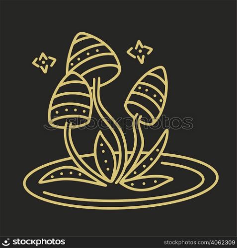 Magic mushrooms vector illustration. Mystical mushrooms with stars hand drawn clipart. Doodle silhouette isolated golden object. Magic mushrooms vector illustration